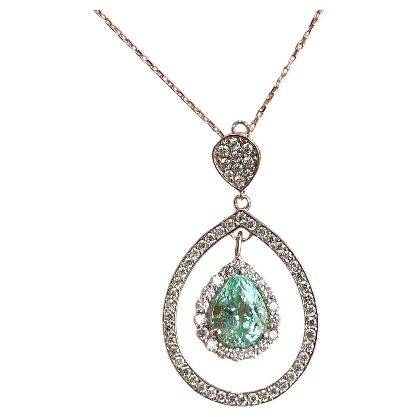 18K White Gold 1.62CT GIA PEAR SHAPED PARAIBA  Diamond Halo Pendant Necklace For Sale