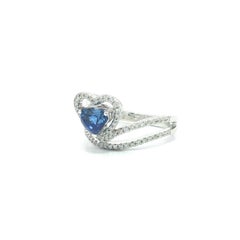 18k White Gold 1.63ctw Trillion Cut Sapphire Heart Diamond Halo Dual Band Ring