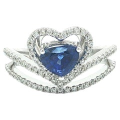 18k White Gold 1.63ctw Trillion Cut Sapphire Heart Diamond Halo Dual Band Ring