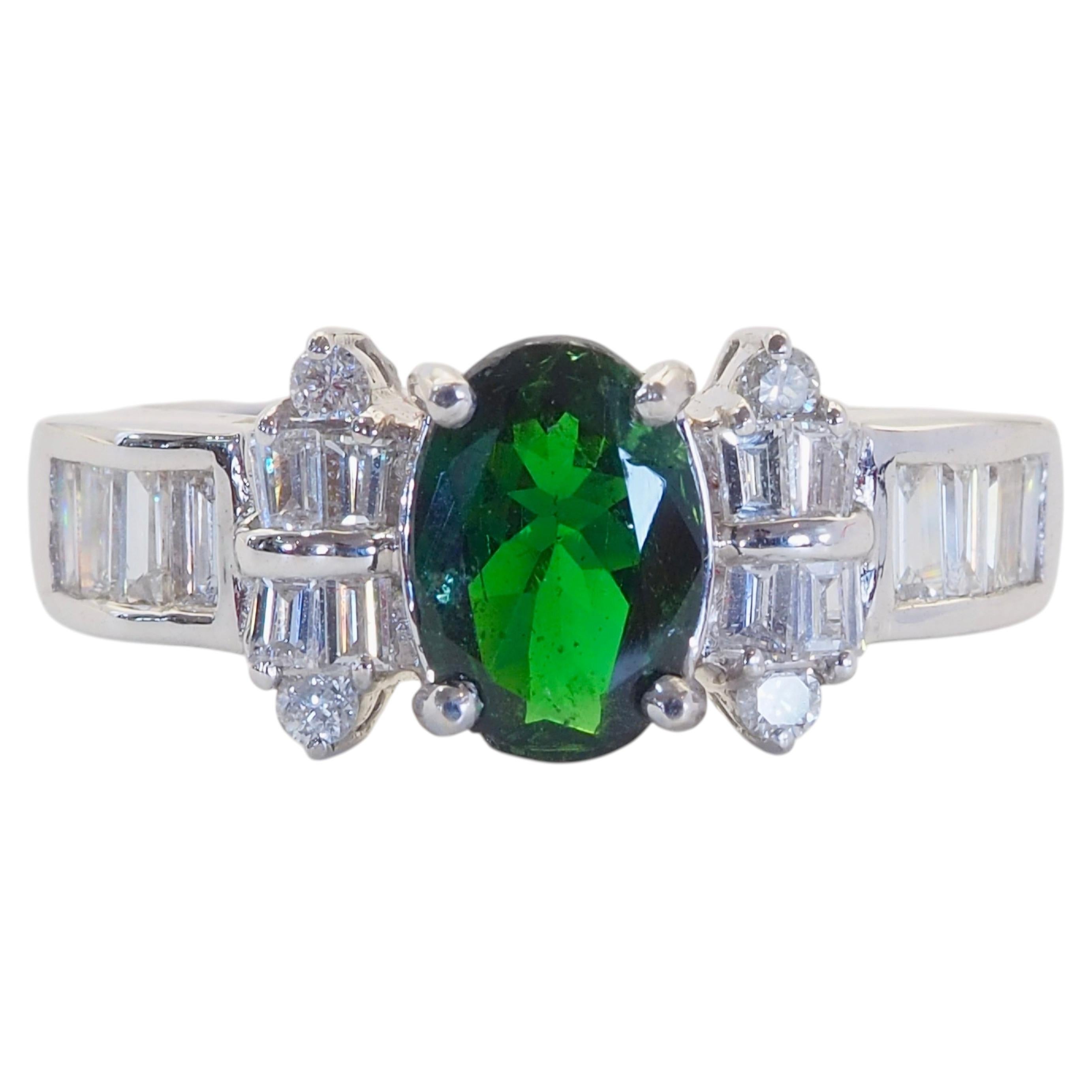 Anello in oro bianco 18 carati con tsavorite ovale verde ricco e vivido da 1,66 carati e diamante da 0,63 carati
