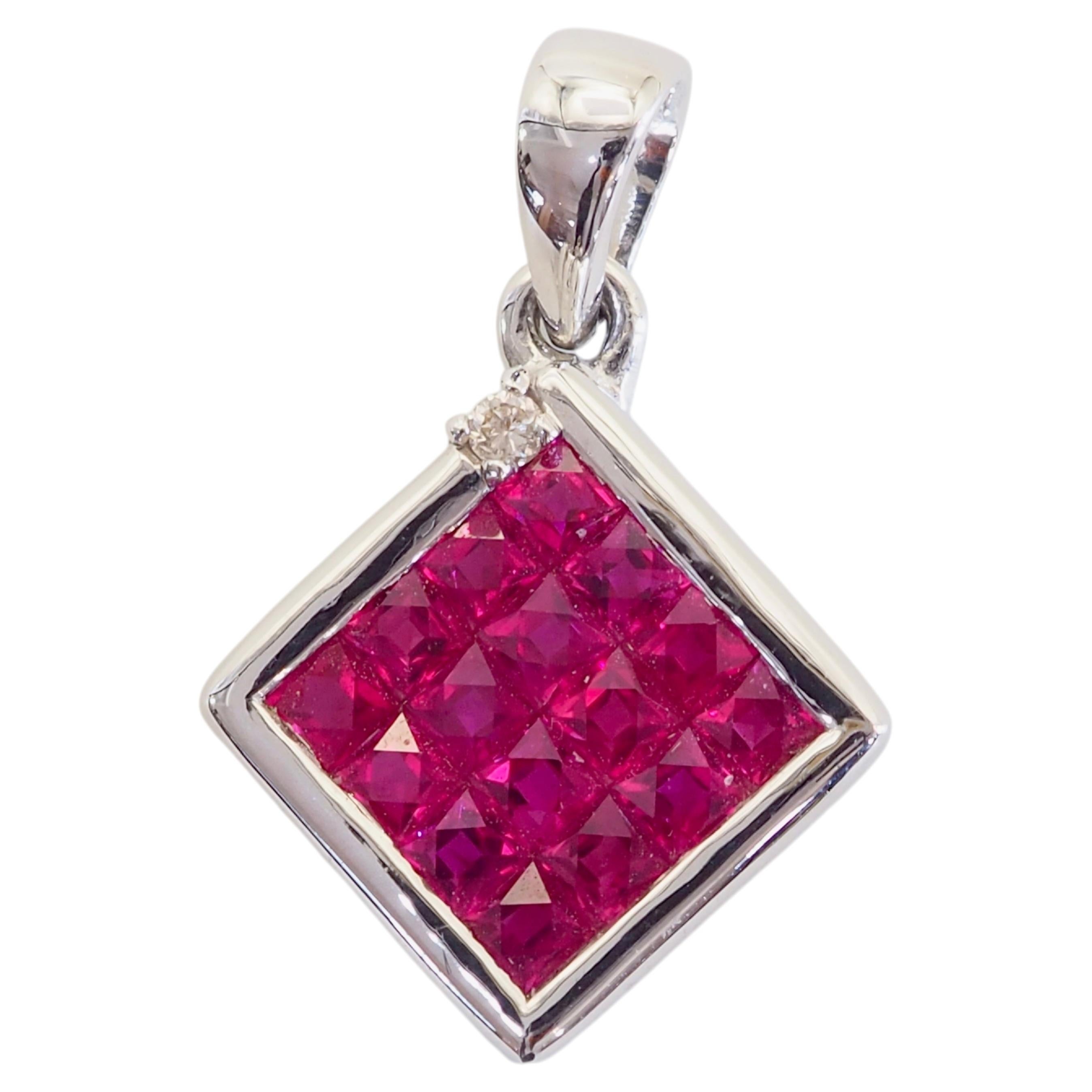 18k White Gold 1.66ct Purplish‑Red Ruby & Diamond Invisible Geometric Pendant For Sale