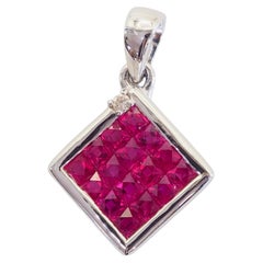 18k White Gold 1.66ct Purplish‑Red Ruby & Diamond Invisible Geometric Pendant
