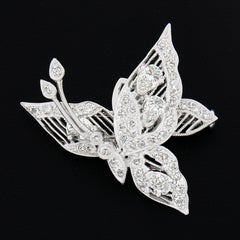 18K White Gold 1.6ct Diamond En Tremblant Detailed Milgrain Butterfly Brooch Pin