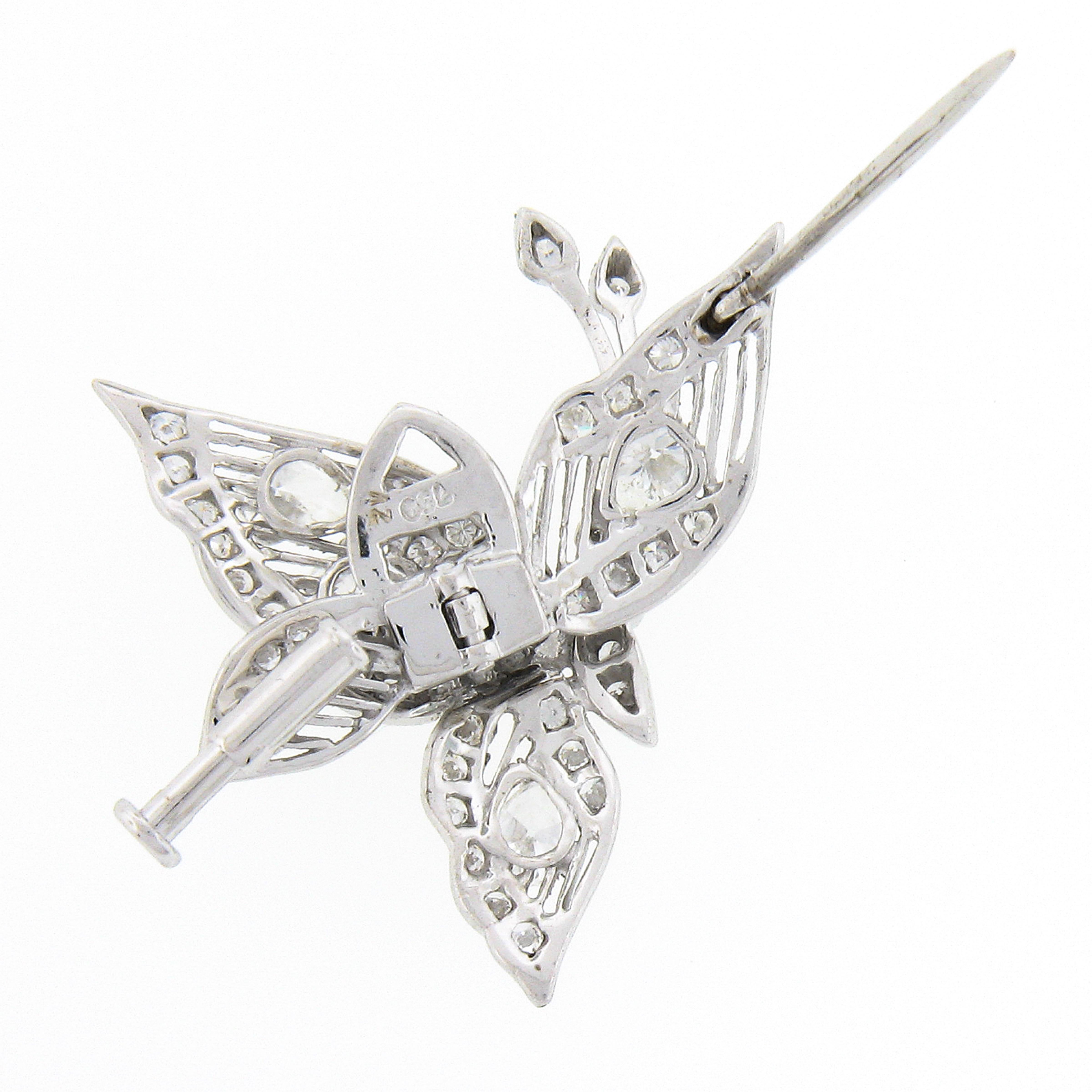 Pear Cut 18K White Gold 1.6ct Diamond En Tremblant Detailed Milgrain Butterfly Brooch Pin For Sale