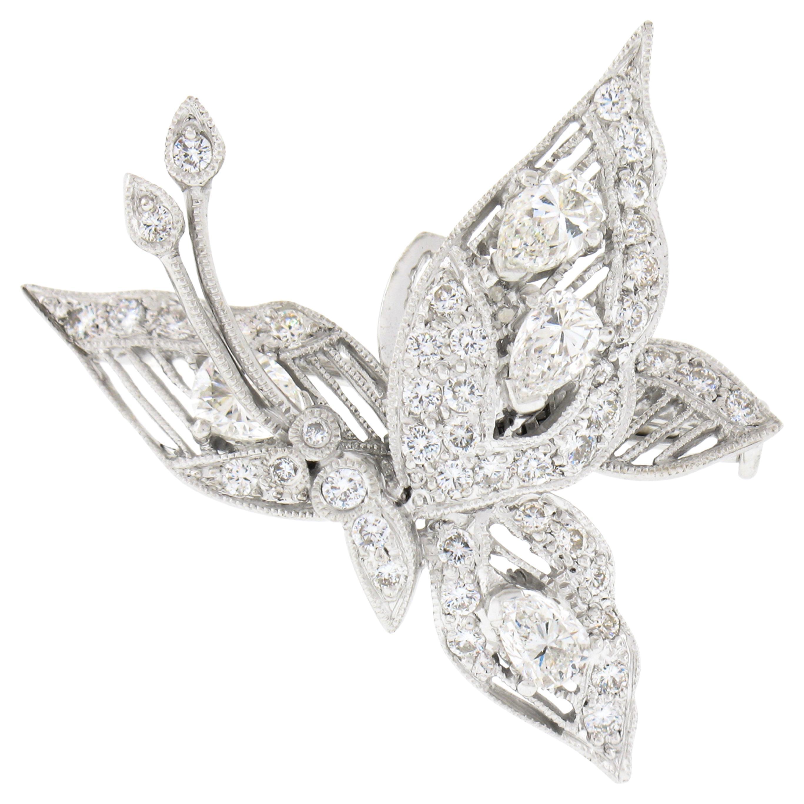 18K White Gold 1.6ct Diamond En Tremblant Detailed Milgrain Butterfly Brooch Pin For Sale