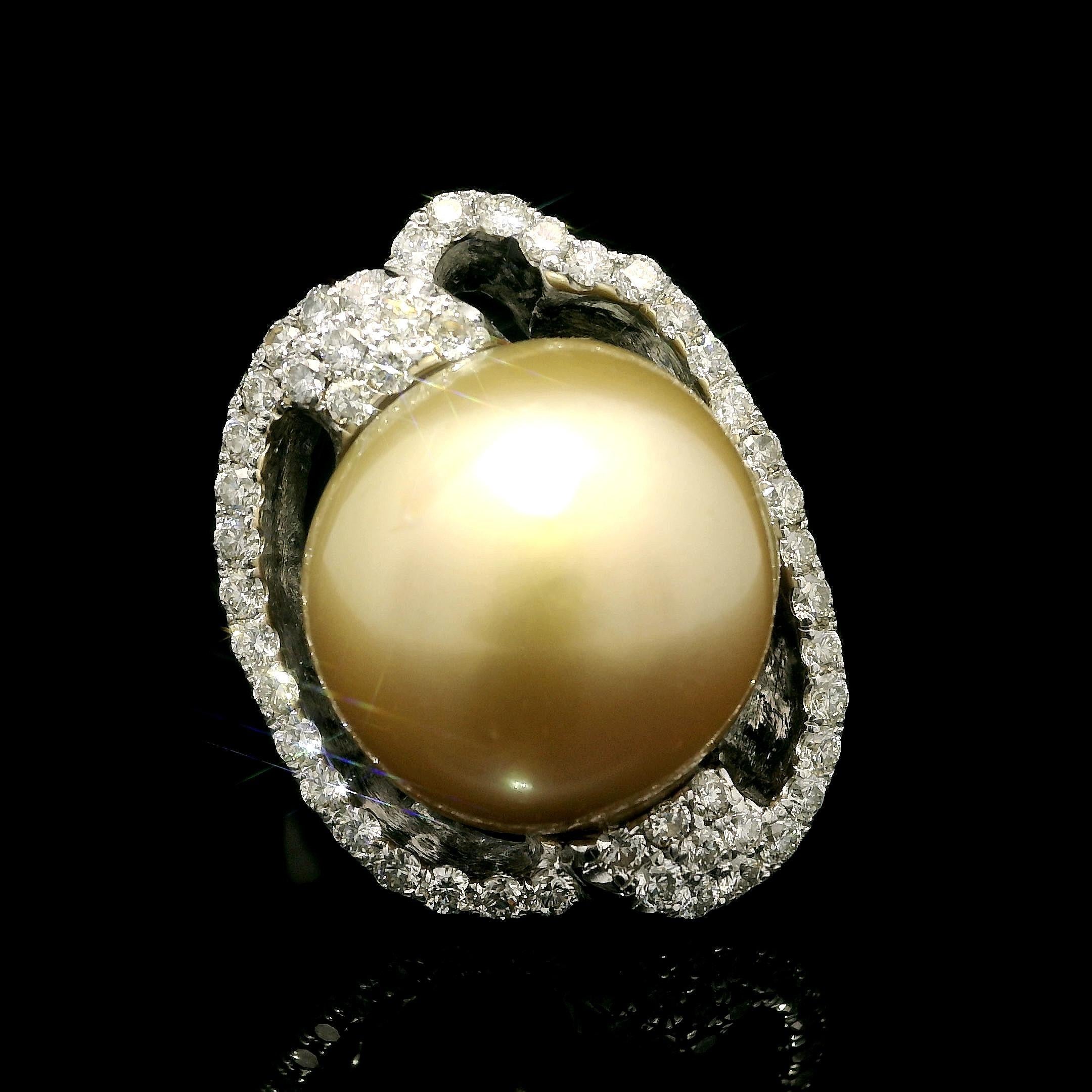 18 Karat Weißgold 16 mm Goldene Südseeperle mit 0,85 Karat Diamant Schwerer Cocktail-Ring im Angebot 7