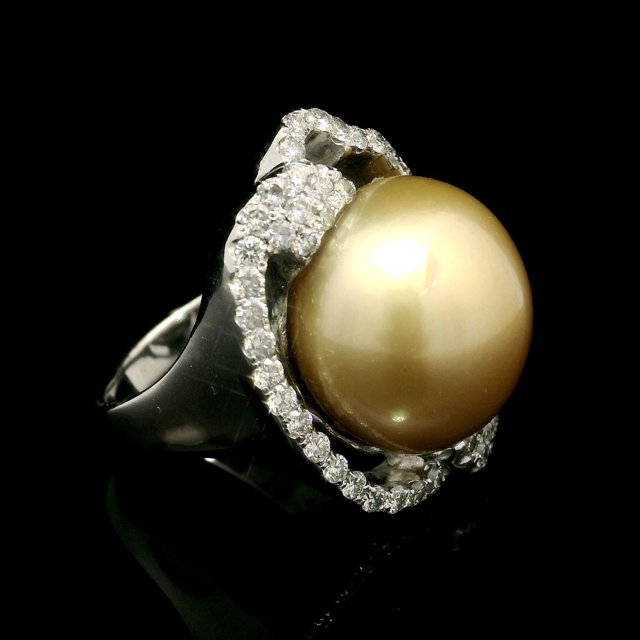 18 Karat Weißgold 16 mm Goldene Südseeperle mit 0,85 Karat Diamant Schwerer Cocktail-Ring im Angebot 8