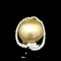 18k White Gold 16mm Golden South Sea Pearl w/ 0.85ct Diamond Heavy Cocktail Ring