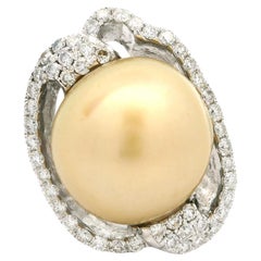 18k White Gold 16mm Golden South Sea Pearl w/ 0.85ct Diamond Heavy Cocktail Ring