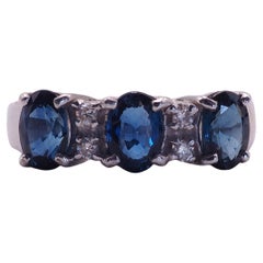 18K White Gold 1.70ct Blue Sapphire & 0.07ct Diamond Three Stone Ring