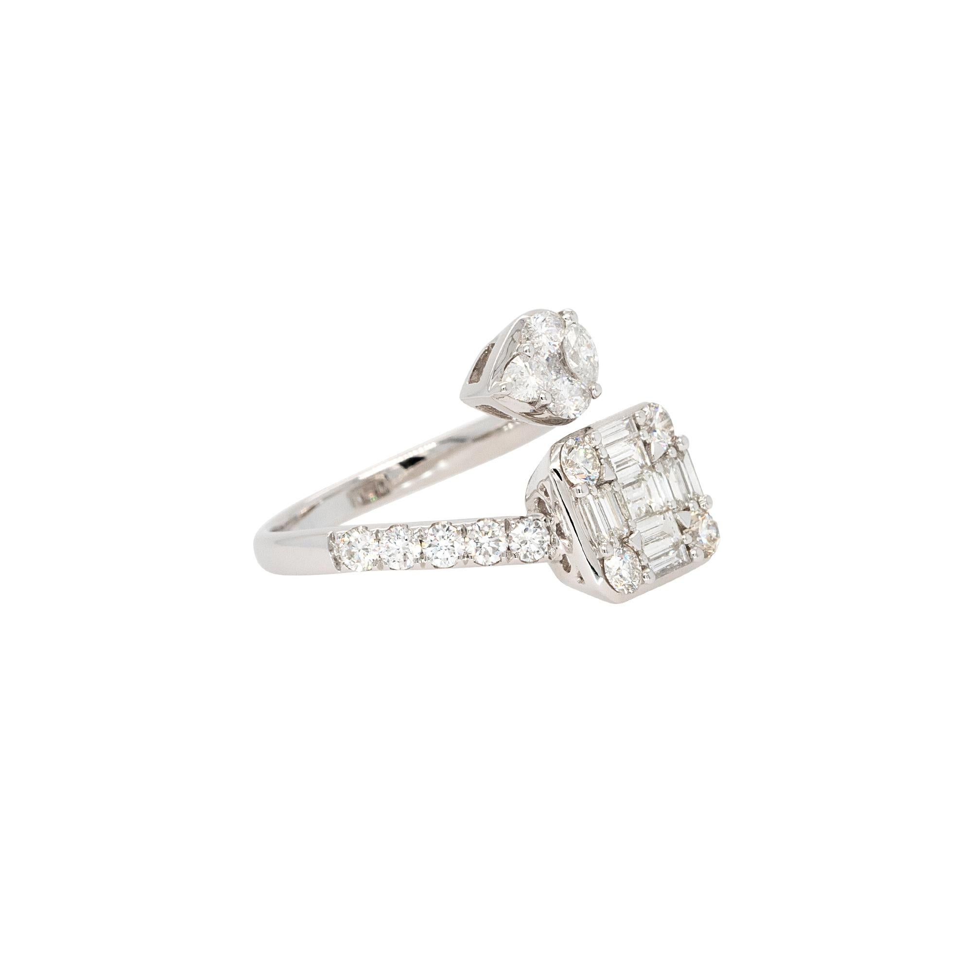 Diamond Details:
0.53ct Baguette Cut Natural Diamond
0.78ct Round Brilliant Natural Diamond
0.41ct Mixed Cut Natural Diamonds
G Color VS Clarity
Ring Material: 18k White Gold
Ring Size: 6.5 (can be sized)
Measurements: 15.9mm x 5.0mm
Total Weight: