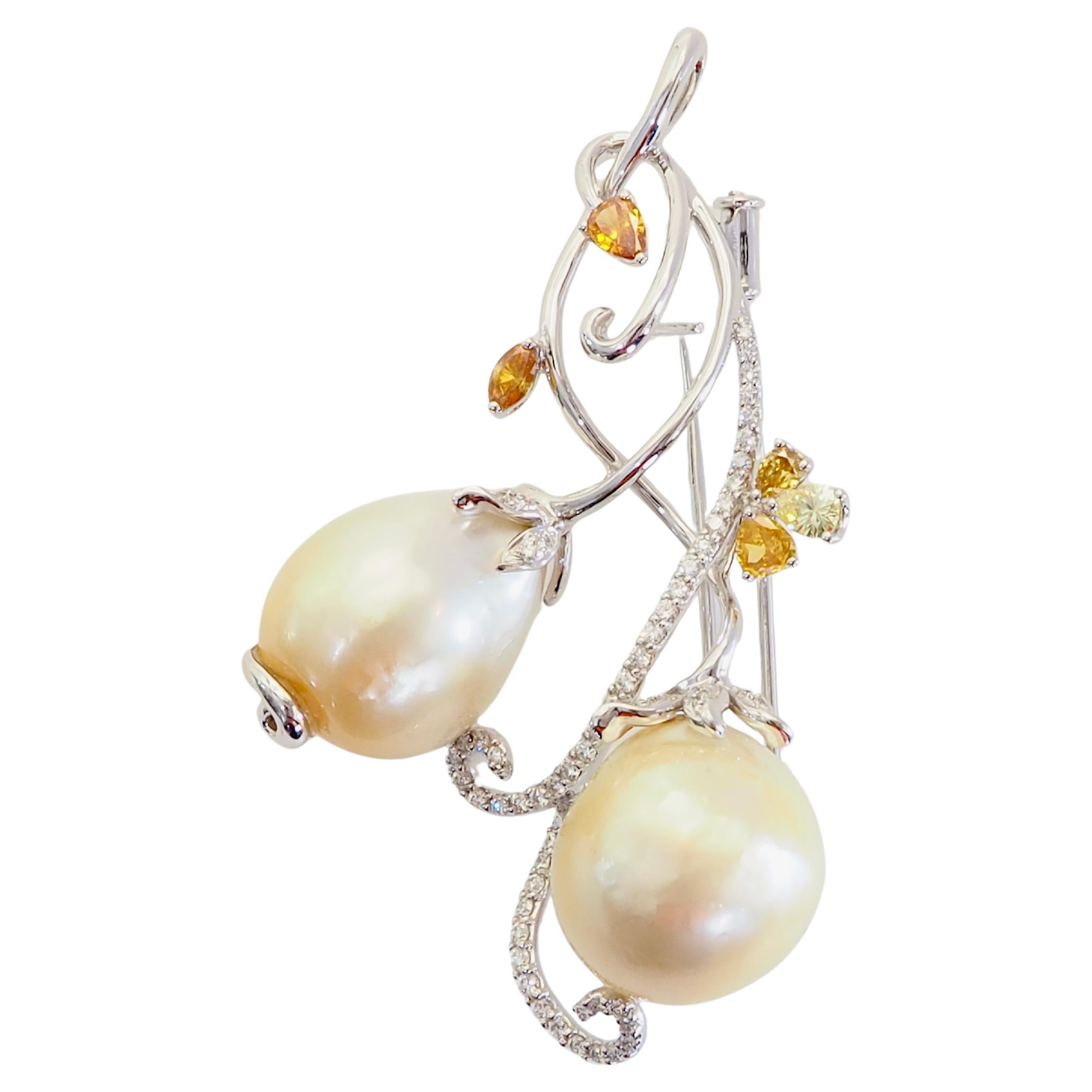 18K White Gold 17.2mm Wide Freeform South Sea Pearl & 1.66ctw Diamond Brooch