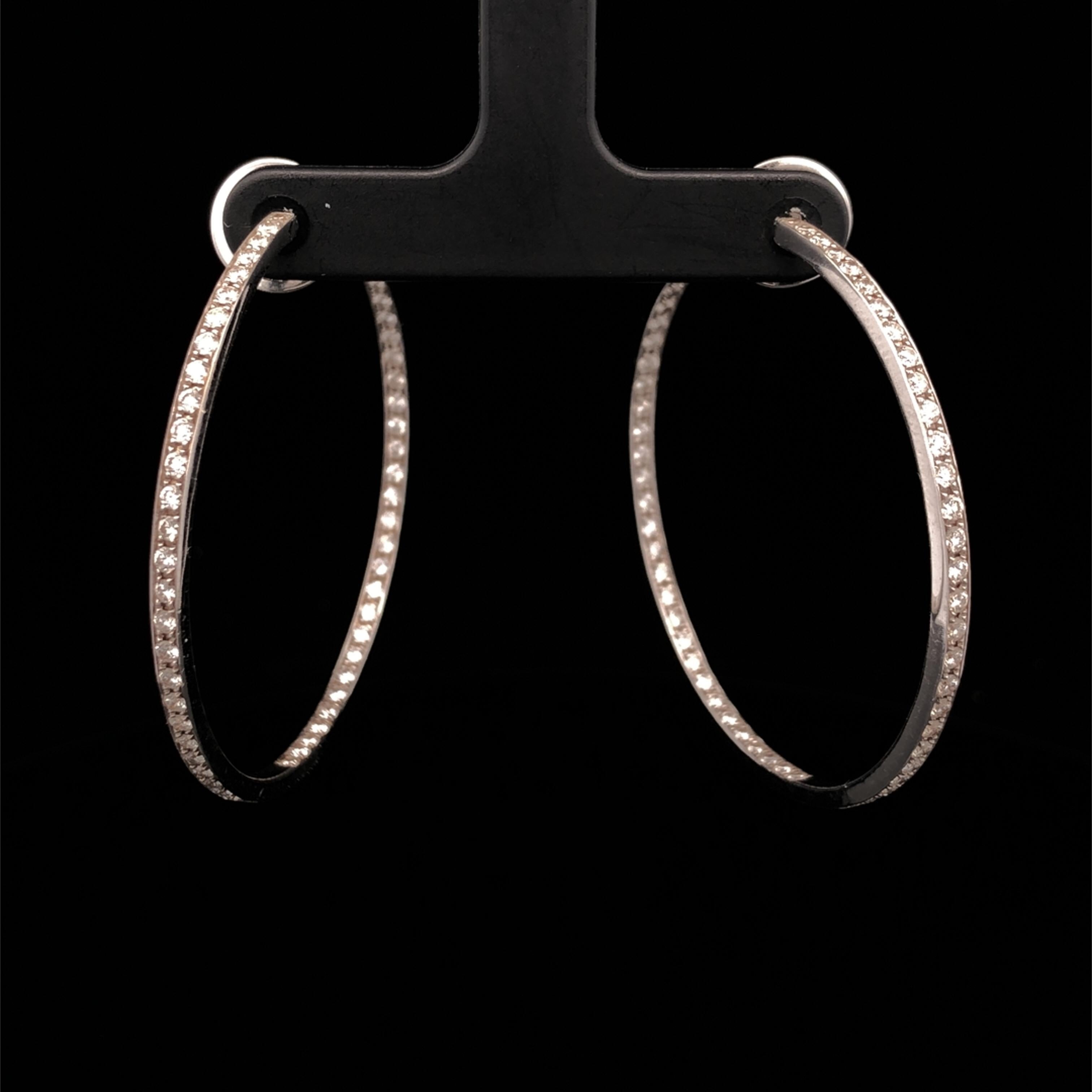 Round Cut 18k White Gold 1.75'' Diamond Hoop Earrings 2tcw For Sale