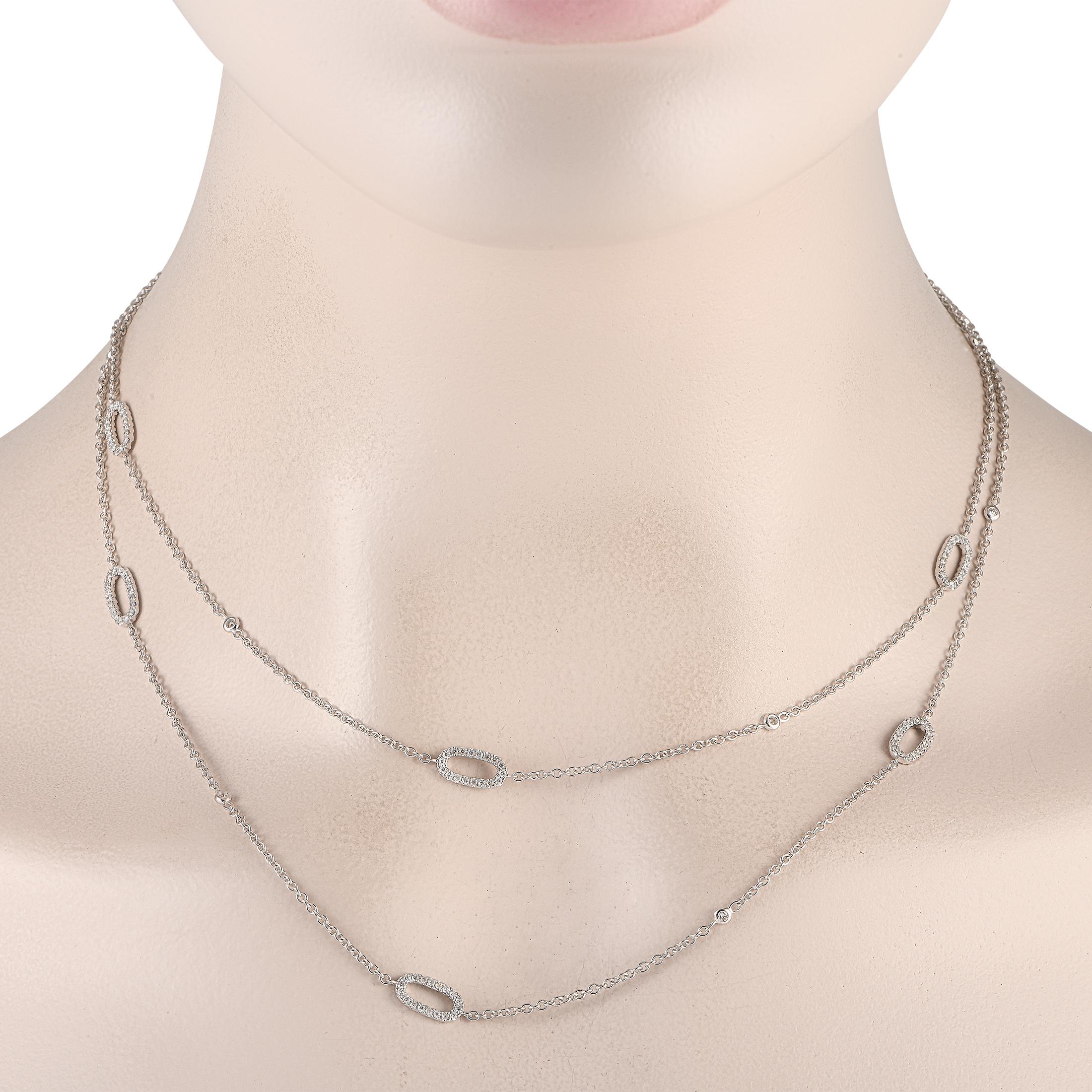A delicate 36 chain allows you to wear this luxury necklace in a chic, double wrapped design. Crafted from 18K white gold, this simple, elegant accessory comes to life thanks to oval-shaped accents adorned with diamonds totaling 1.75 carats.This