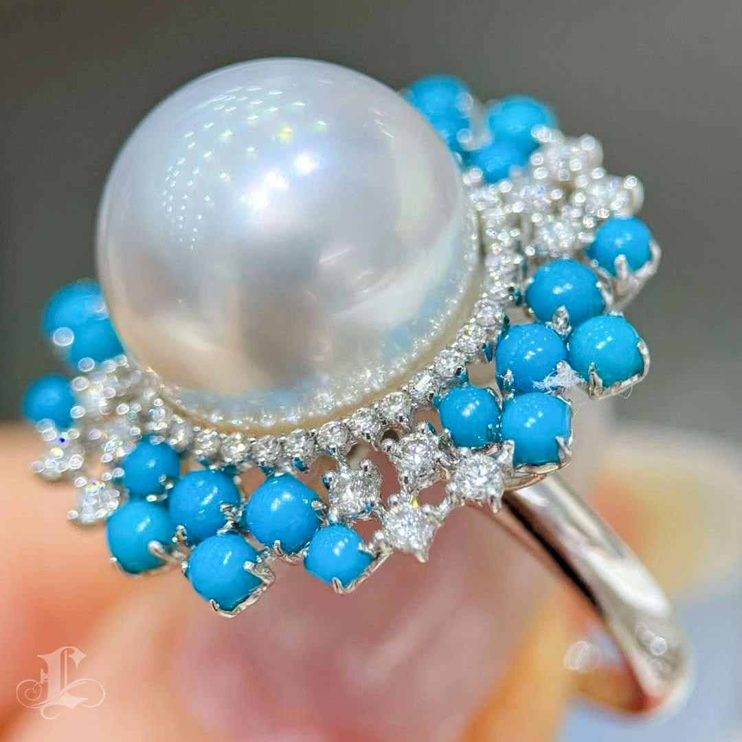 【Caelmare】Azure Crest Südsee Perle & Türkis Diamant Ring Damen im Angebot
