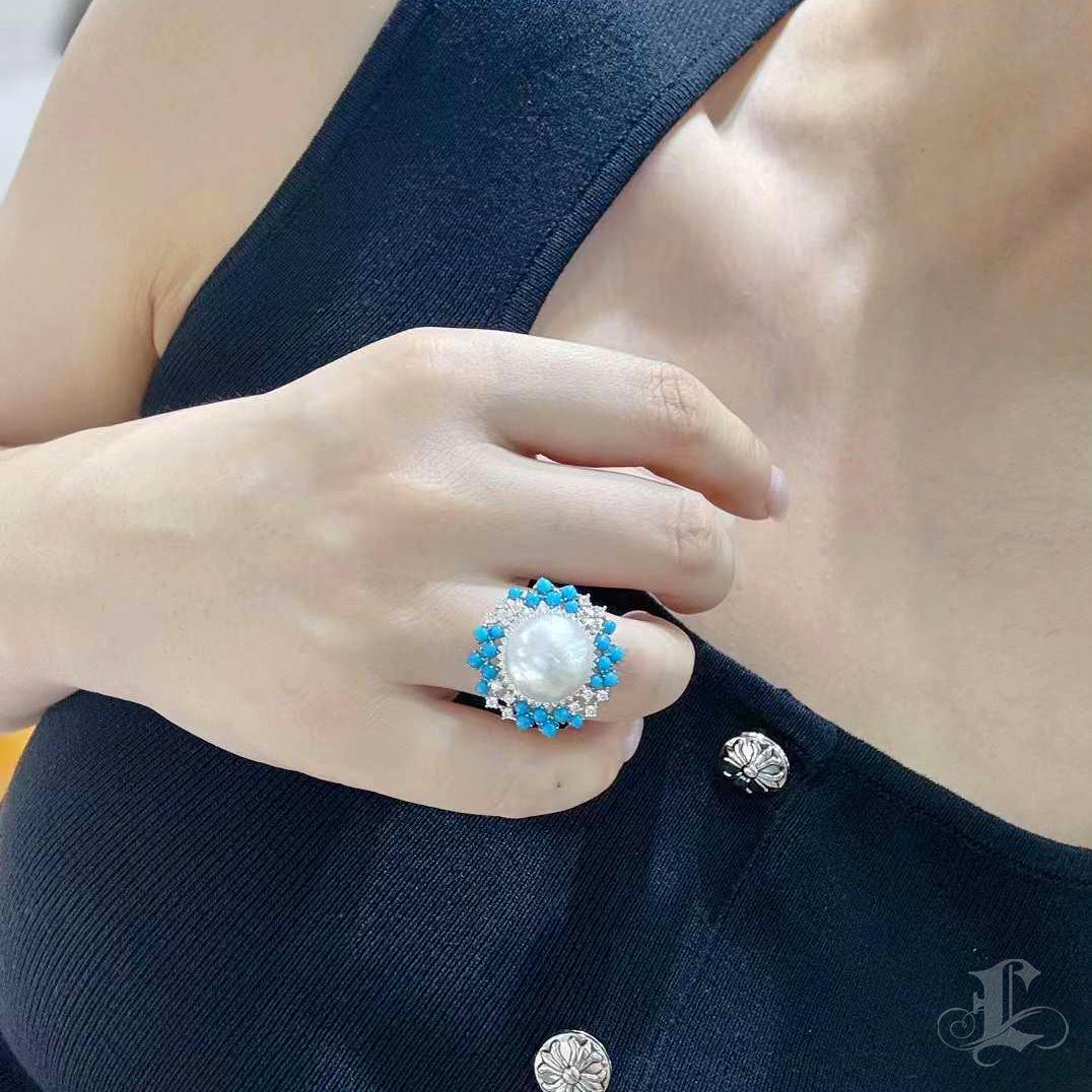 【Caelmare】Azure Crest Südsee Perle & Türkis Diamant Ring (Ungeschliffen) im Angebot