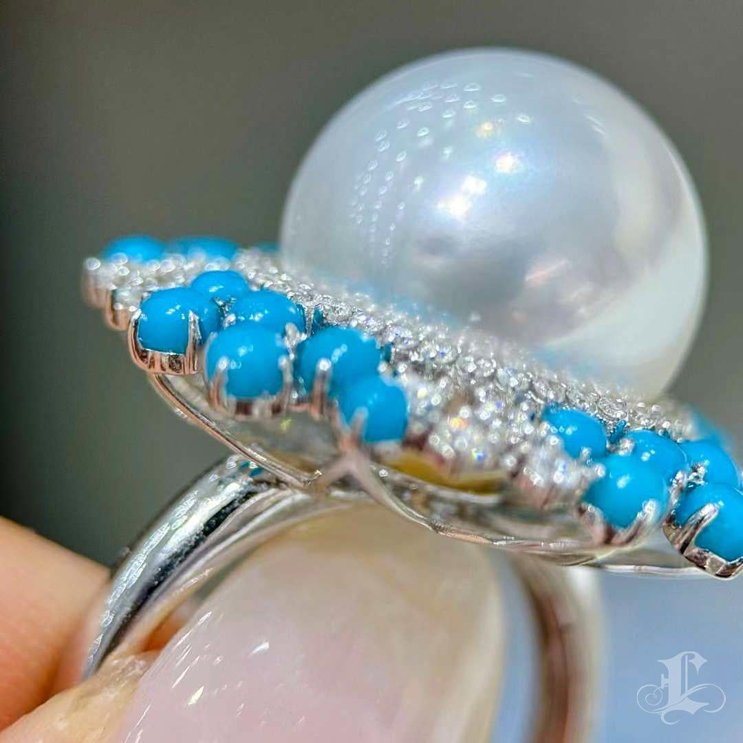 【Caelmare】Azure Crest Südsee Perle & Türkis Diamant Ring im Angebot 1