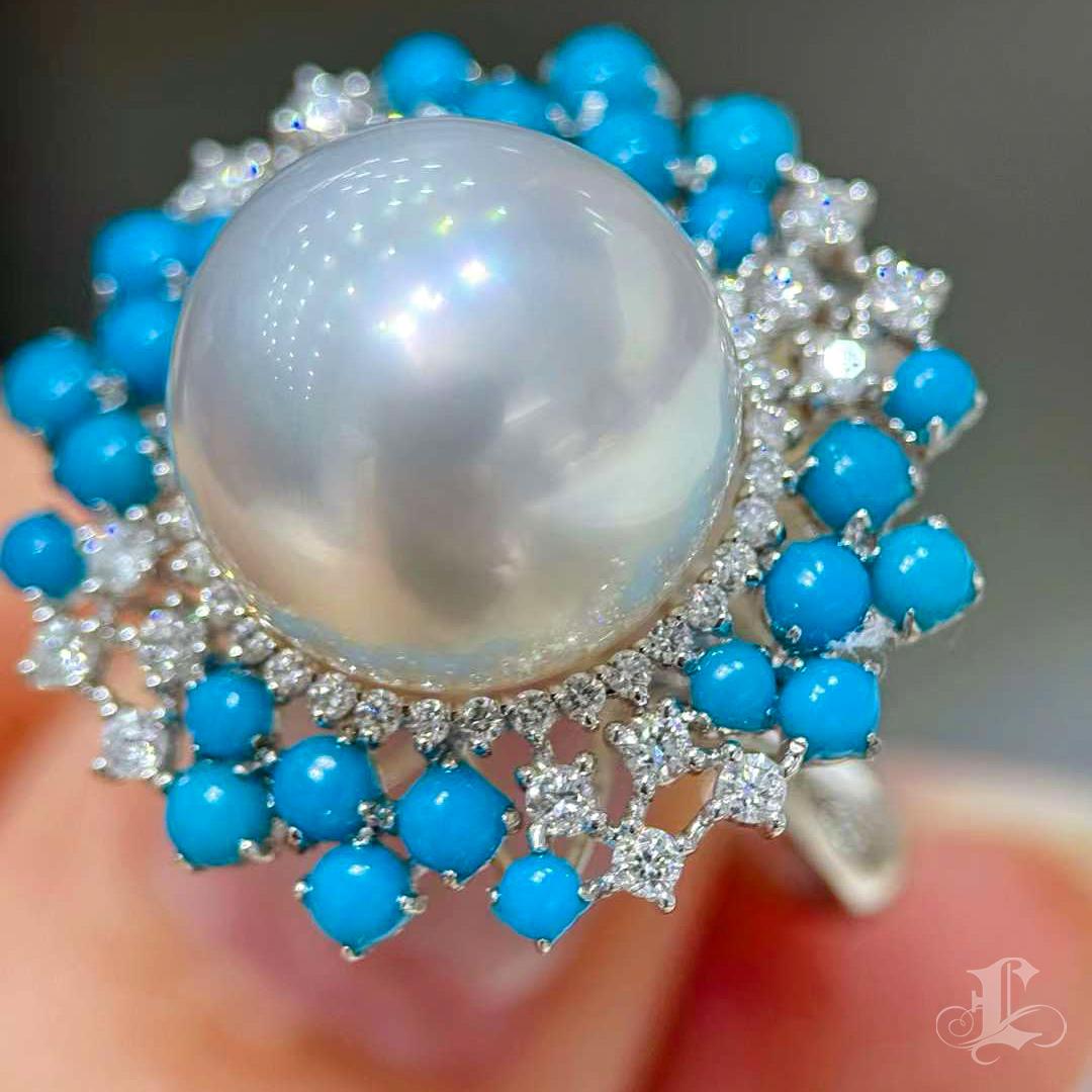 【Caelmare】Azure Crest Südsee Perle & Türkis Diamant Ring im Angebot 2
