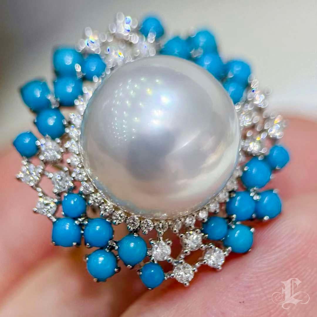 【Caelmare】Azure Crest Südsee Perle & Türkis Diamant Ring im Angebot 3