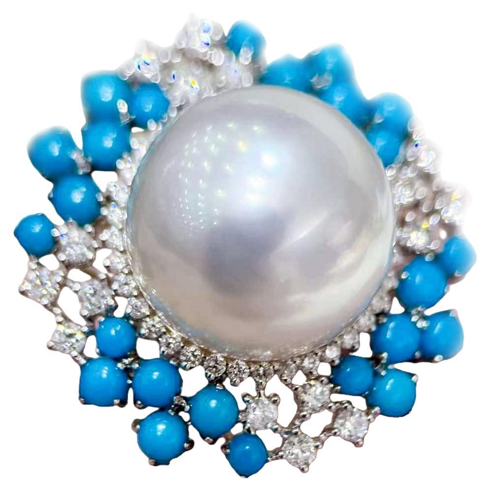 【Caelmare】Azure Crest South Sea Pearl & Turquoise Diamond Ring
