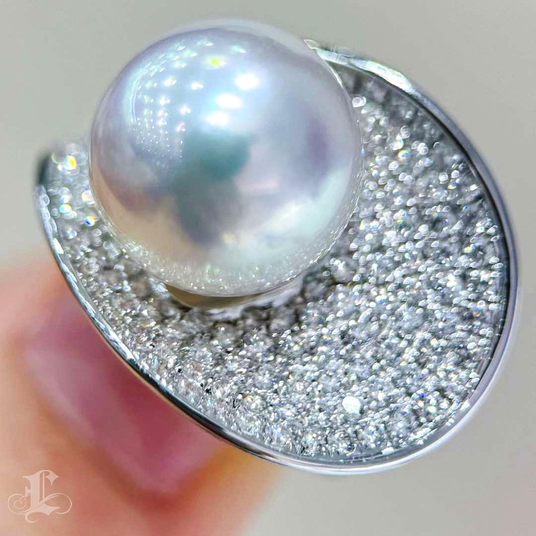 Women's 【Sculpted Geometry】Spiral Orbit Aurora South Sea Pearl Diamond Dust Ring For Sale