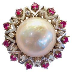18K White Gold 17mm Mabe Pearl, 0.35ct Diamond & Ruby Fine Brooch