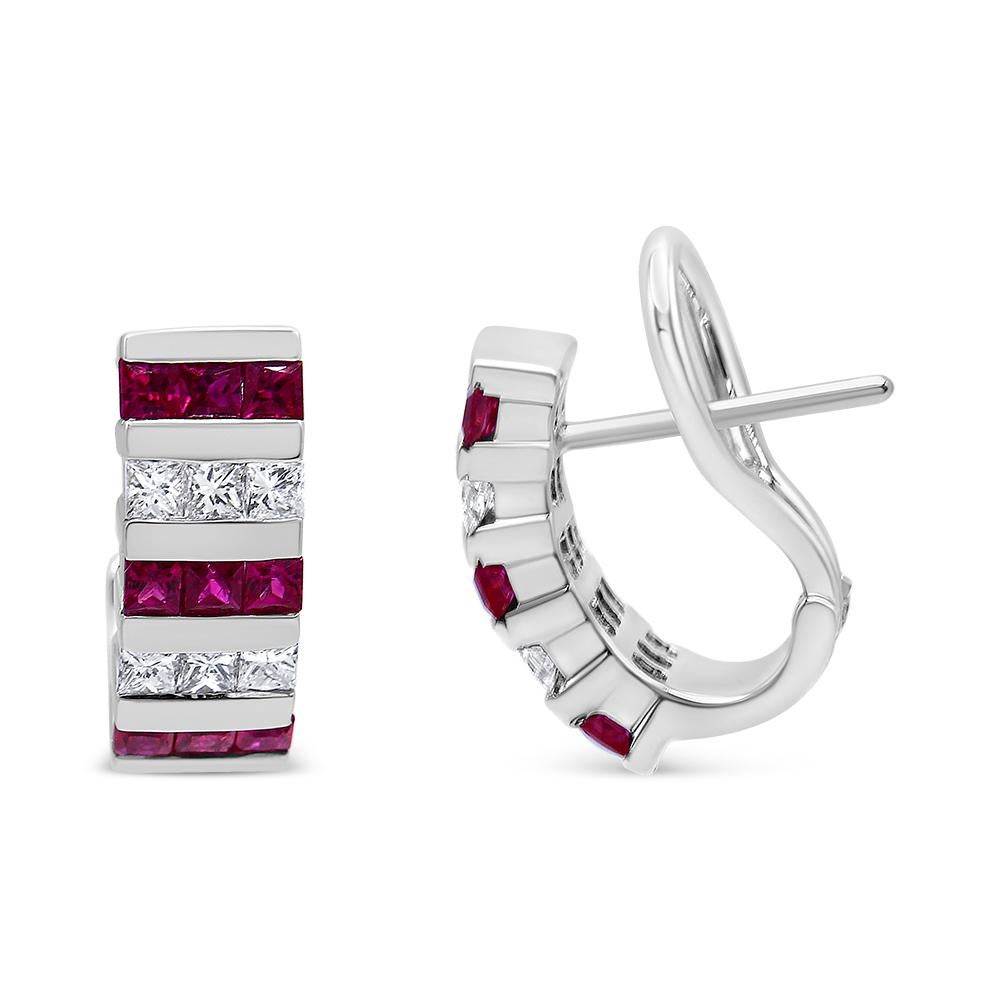 18 Karat Weißgold und 3/8 Karat Roter Rubin und Diamant Huggie Hoop Ohrringe (Zeitgenössisch)