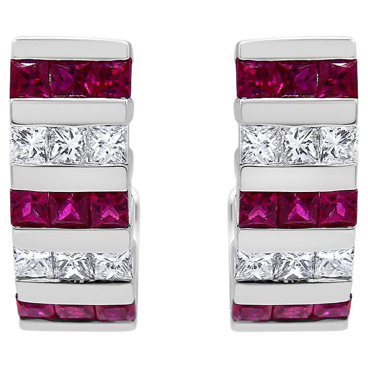 18 Karat Weißgold und 3/8 Karat Roter Rubin und Diamant Huggie Hoop Ohrringe