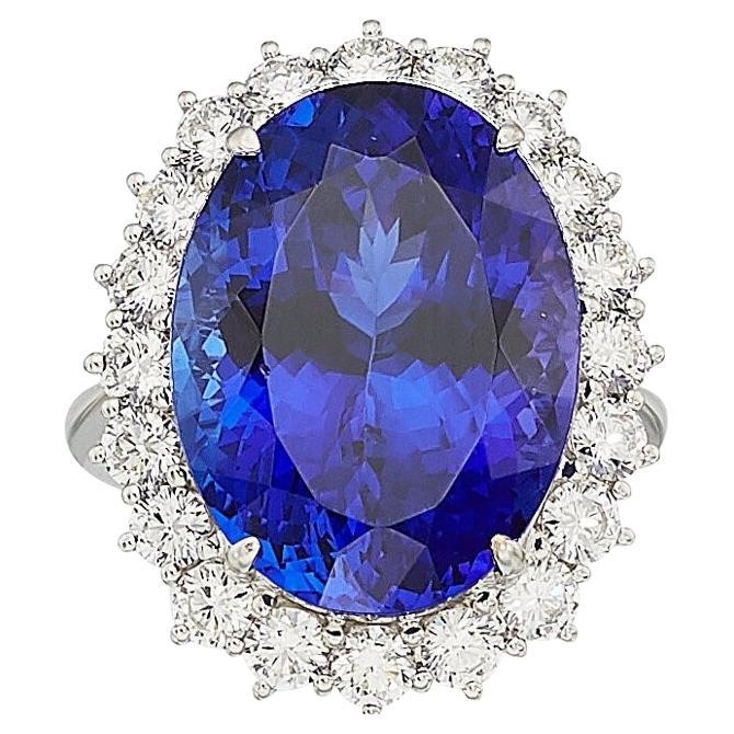 18k White Gold 18.22 Carat Tanzanite Ring with 1.83 Carat Diamonds, Size 6.5