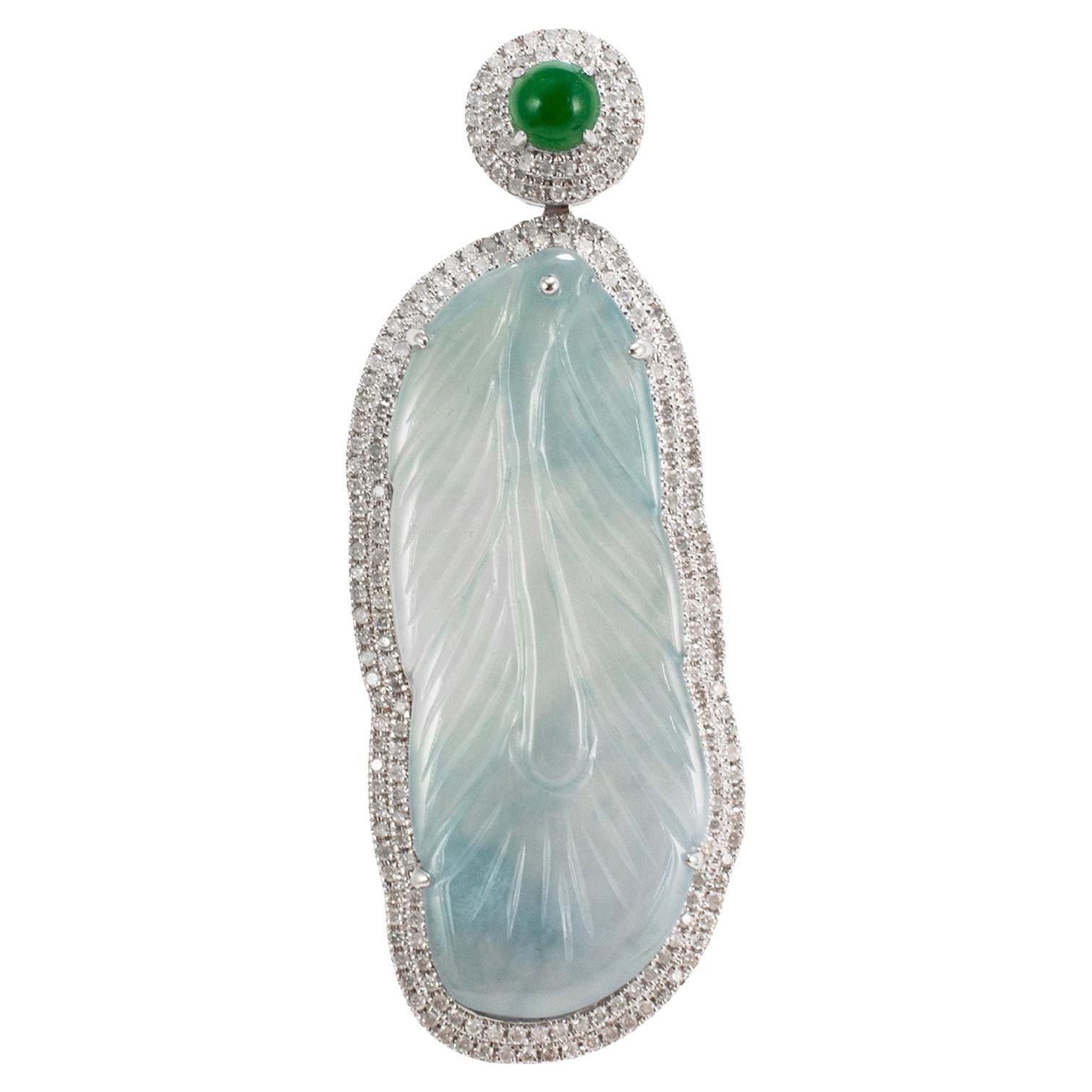 18K White Gold 18.40ct Blue Glutinous Jadeite Jade Diamond Jade Charm Pendant For Sale