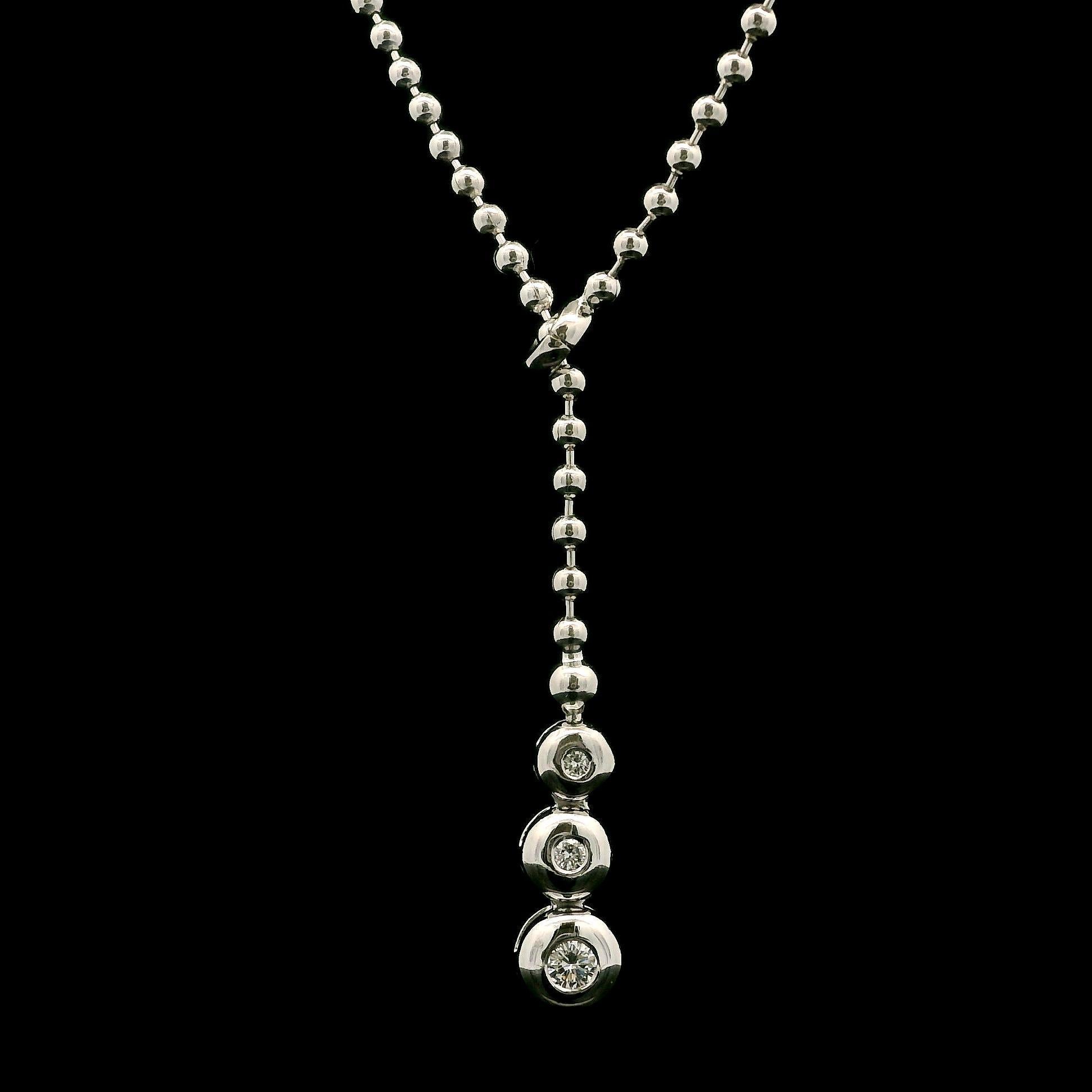 Donna Collana con catena a sfere Lariat regolabile in oro bianco 18k con diamante da 0,18 ct. in vendita