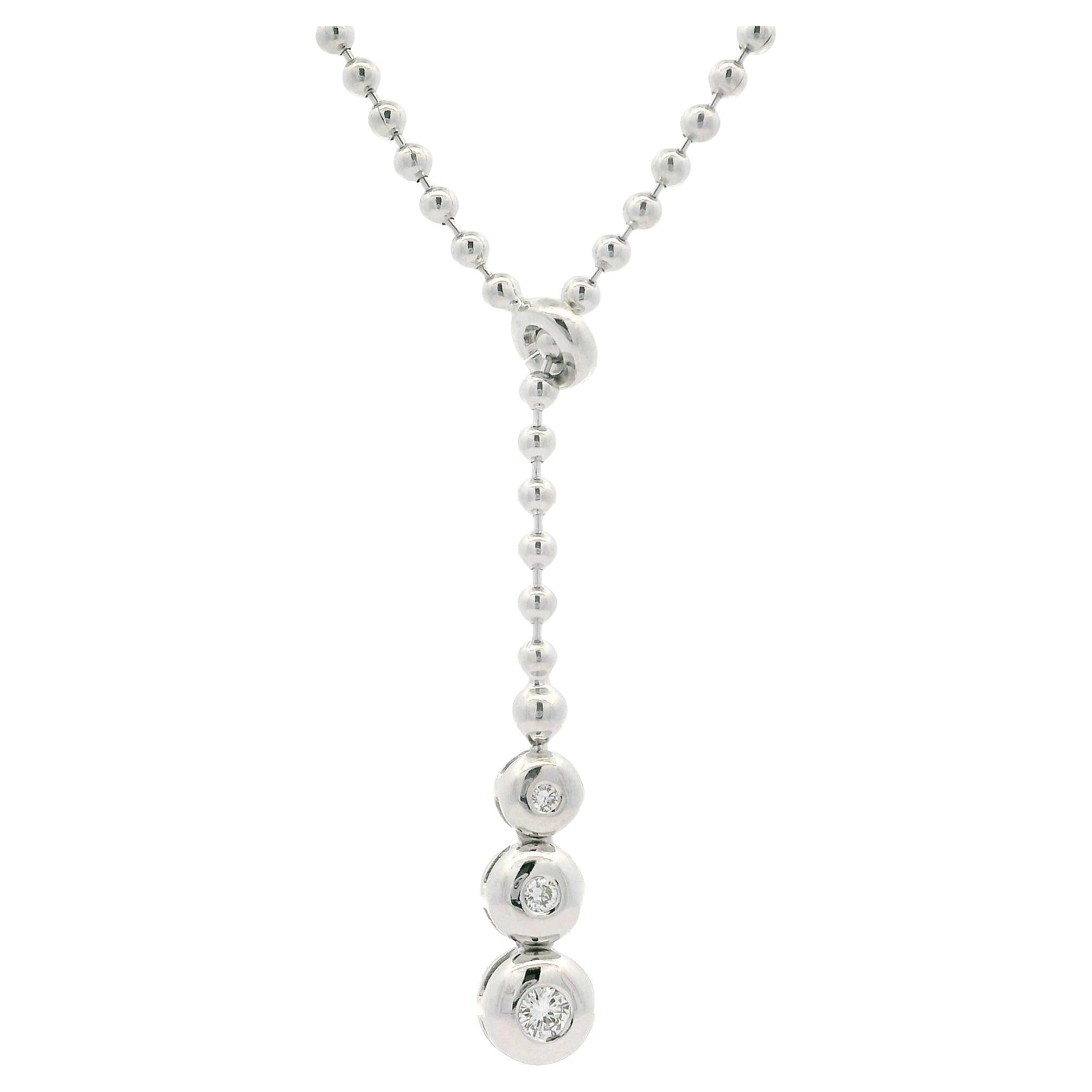 18k White Gold .18ctw Diamond Adjustable Lariat Ball Bead Chain Necklace