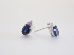 18K White Gold 1.92ct Oval Deep Blue Sapphire & 0.15ct Diamond Stud Earrings