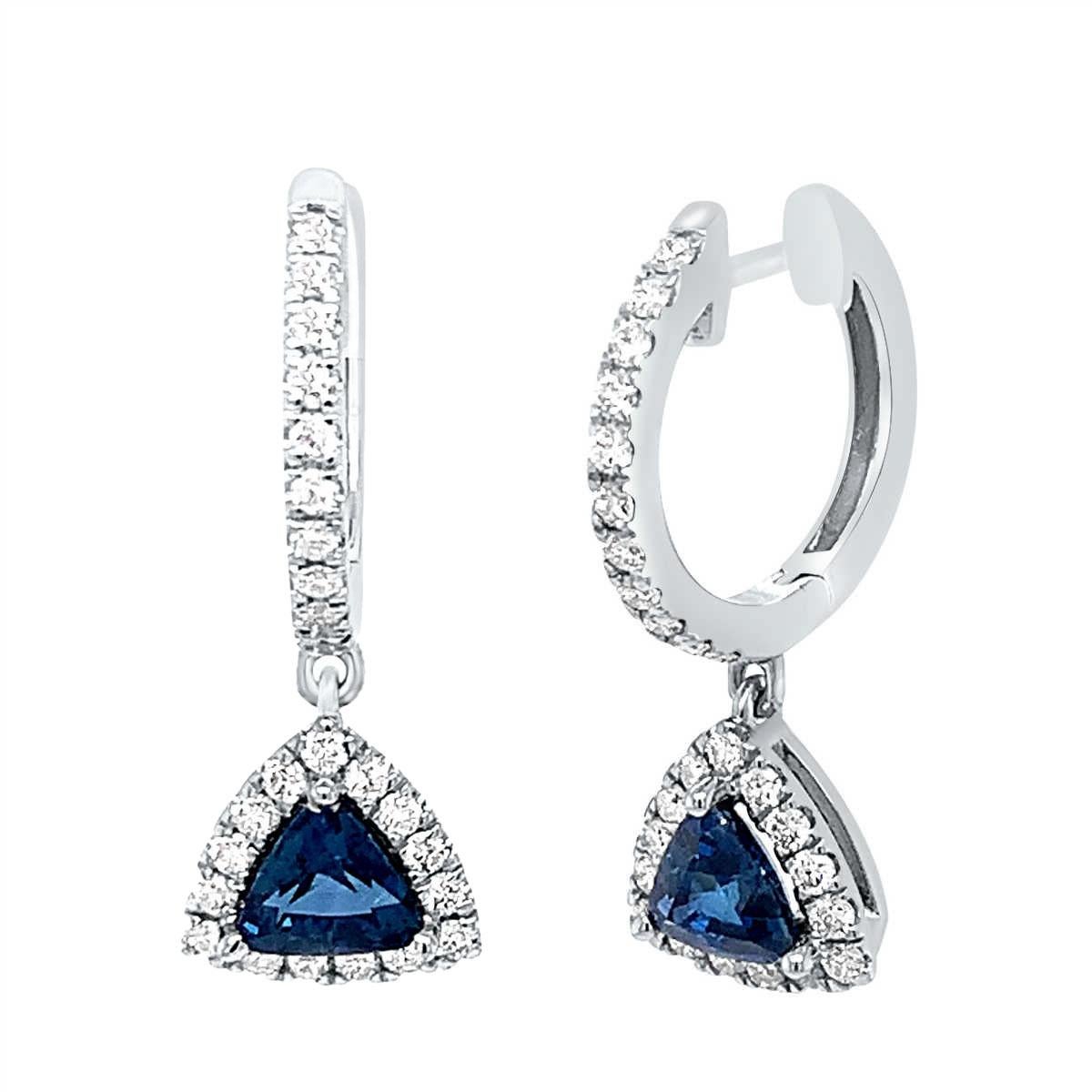Trillion-shaped Natural sapphires with a total weight of 1.94 Carat ( almost 1 carat each) encircled by Natural brilliant round diamonds in a total weight of 0.77 Carat. These Sri Lankan sapphires are vibrant Royal blue in color with an excellent