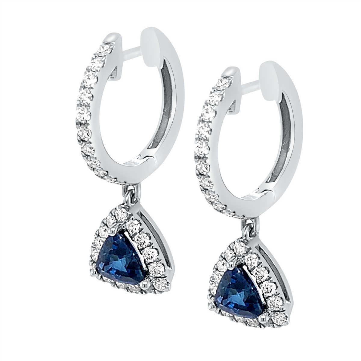 Trillion Cut 18K White Gold  1.94 Carat Trillion Natural Blue Sapphire Halo Diamond Earrings For Sale