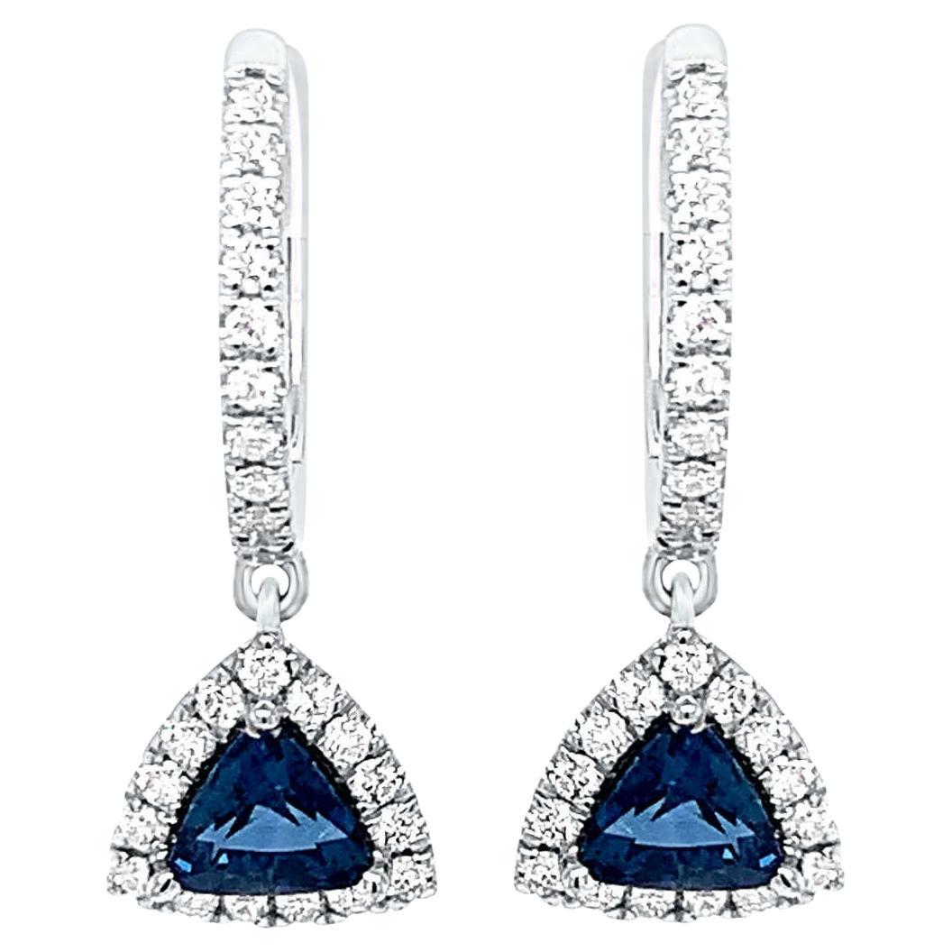 18K White Gold  1.94 Carat Trillion Natural Blue Sapphire Halo Diamond Earrings For Sale