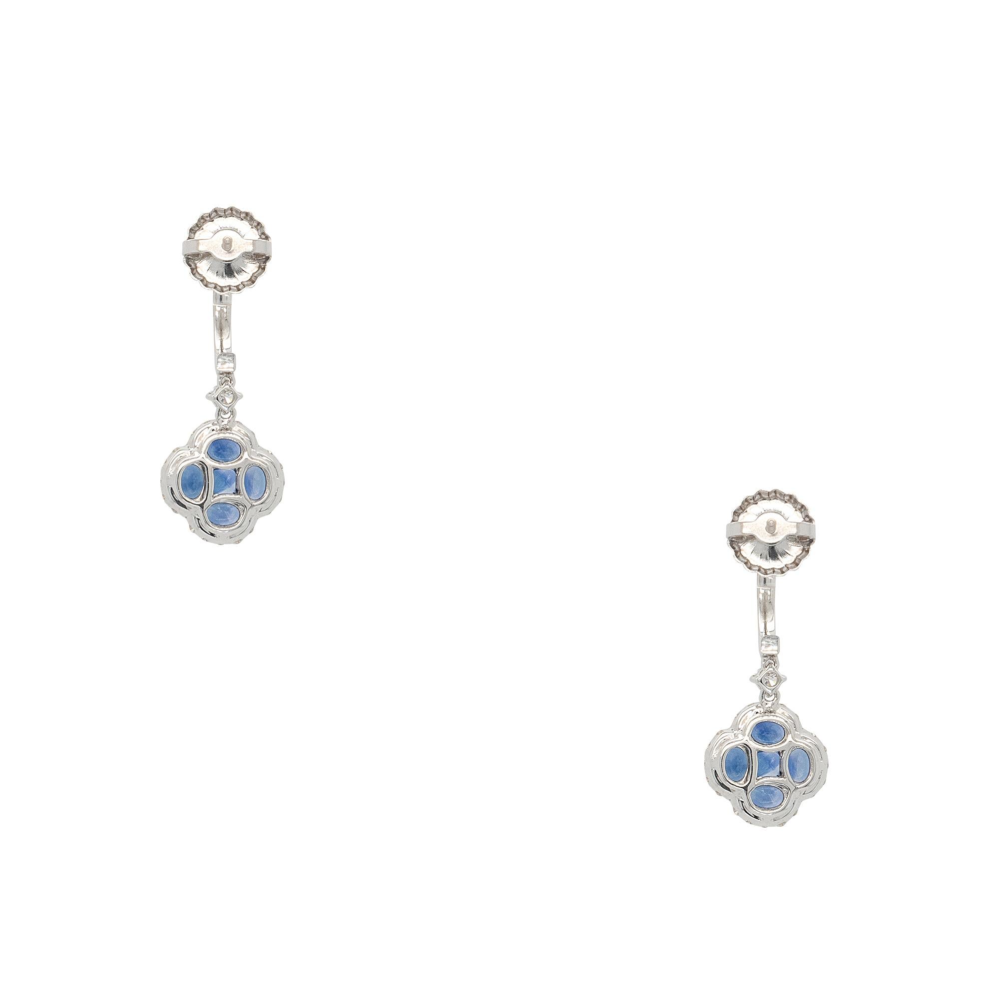 Oval Cut 18k White Gold 1.94ctw Sapphire Clover Dangle Earrings For Sale
