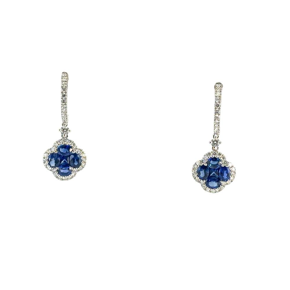 Women's 18k White Gold 1.94ctw Sapphire Clover Dangle Earrings For Sale