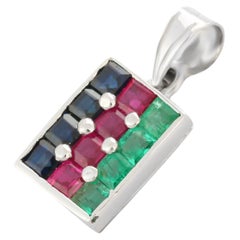18k White Gold 1.95 ct Sapphire, Ruby and Emerald Box Pendant Necklace