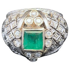 18k White Gold 1950s Vintage Columbian Emerald & Diamond Heavy Ring