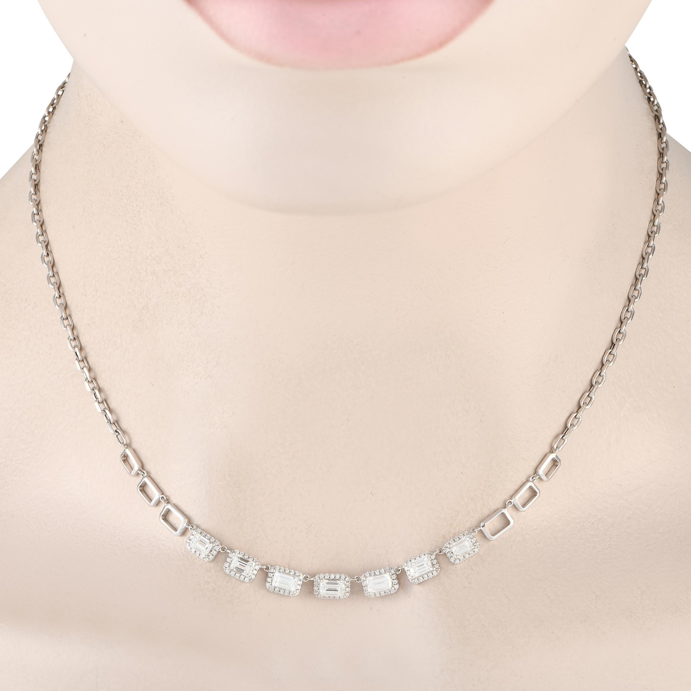 A sleek, sophisticated sense of style makes this necklace impossible to ignore. At the center of the 16 chain, Diamond accents with a total weight of 1.95 carats serve as a stunning focal point. Crafted from 18K White Gold, it comes complete with