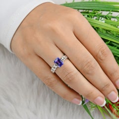 18K White Gold 1.95ct Emerald Cut Solitaire Tanzanite Curb Link Ring