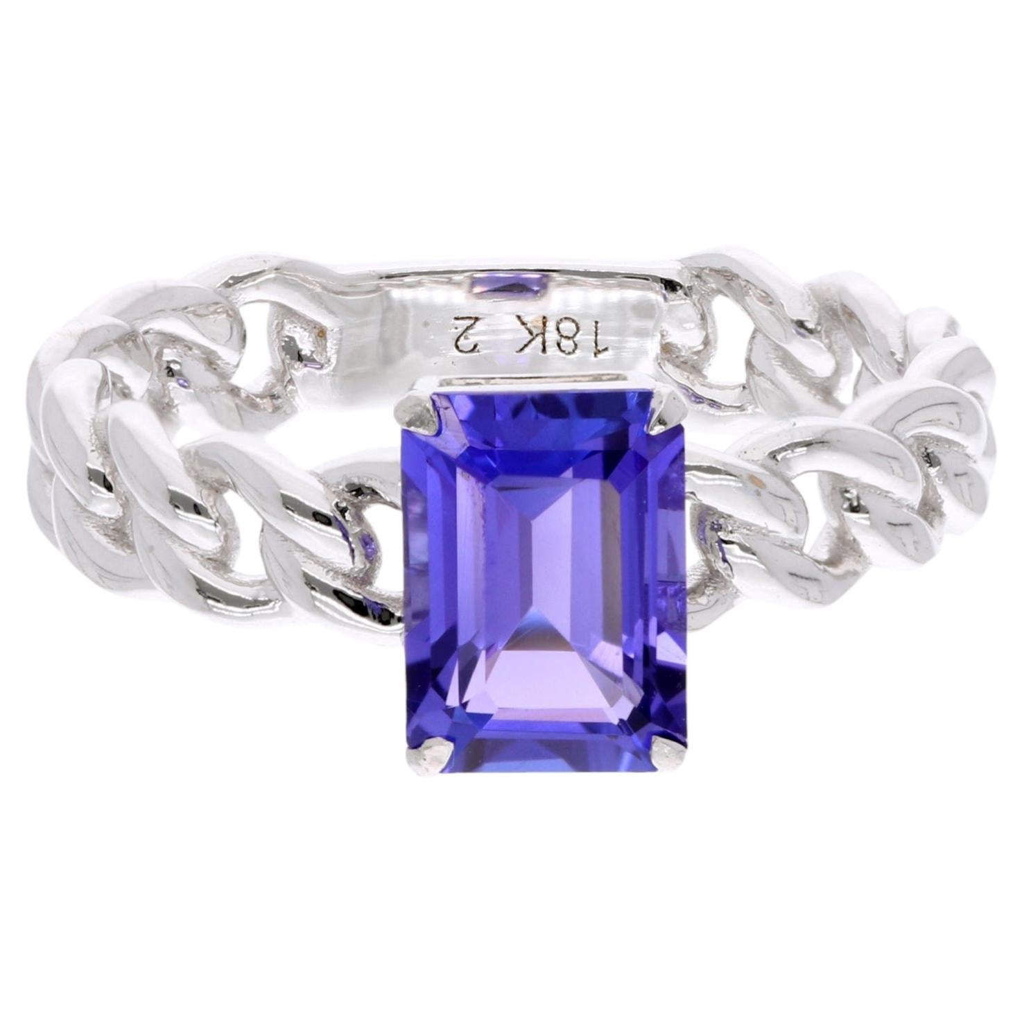1.95Ct Natural Emerald Cut Tanzanite Chain Link Band Ring 18K White Gold For Sale