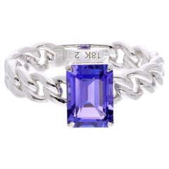 18K White Gold 1.95ct Emerald Cut Solitaire Tanzanite Curb Link Ring