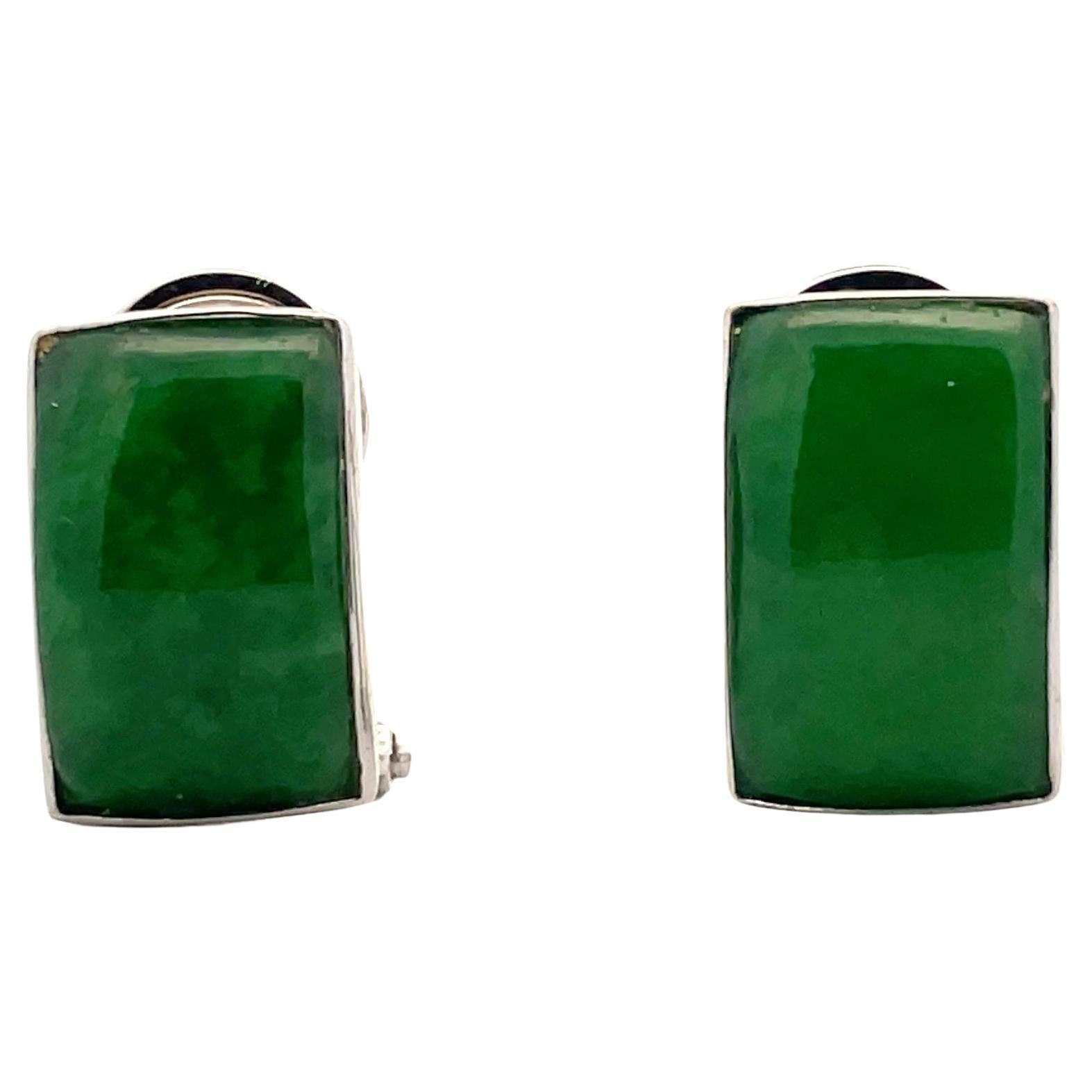 18K White Gold 1960s Bezel Set Jade Lever Back Earrings 