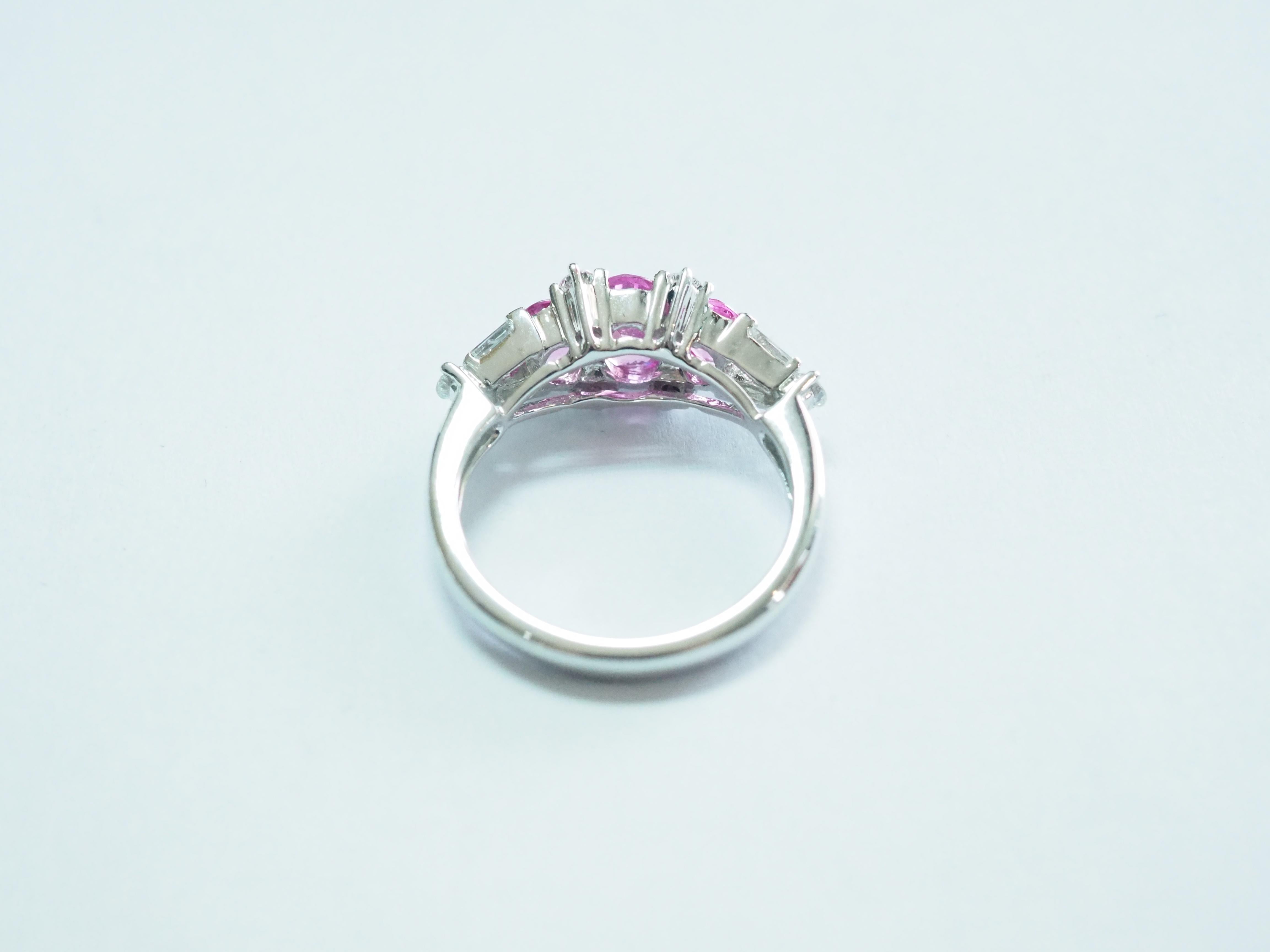 Oval Cut 18K White Gold 1.96ct Pink Sapphire & 0.30ct Diamond Three Stone Ring