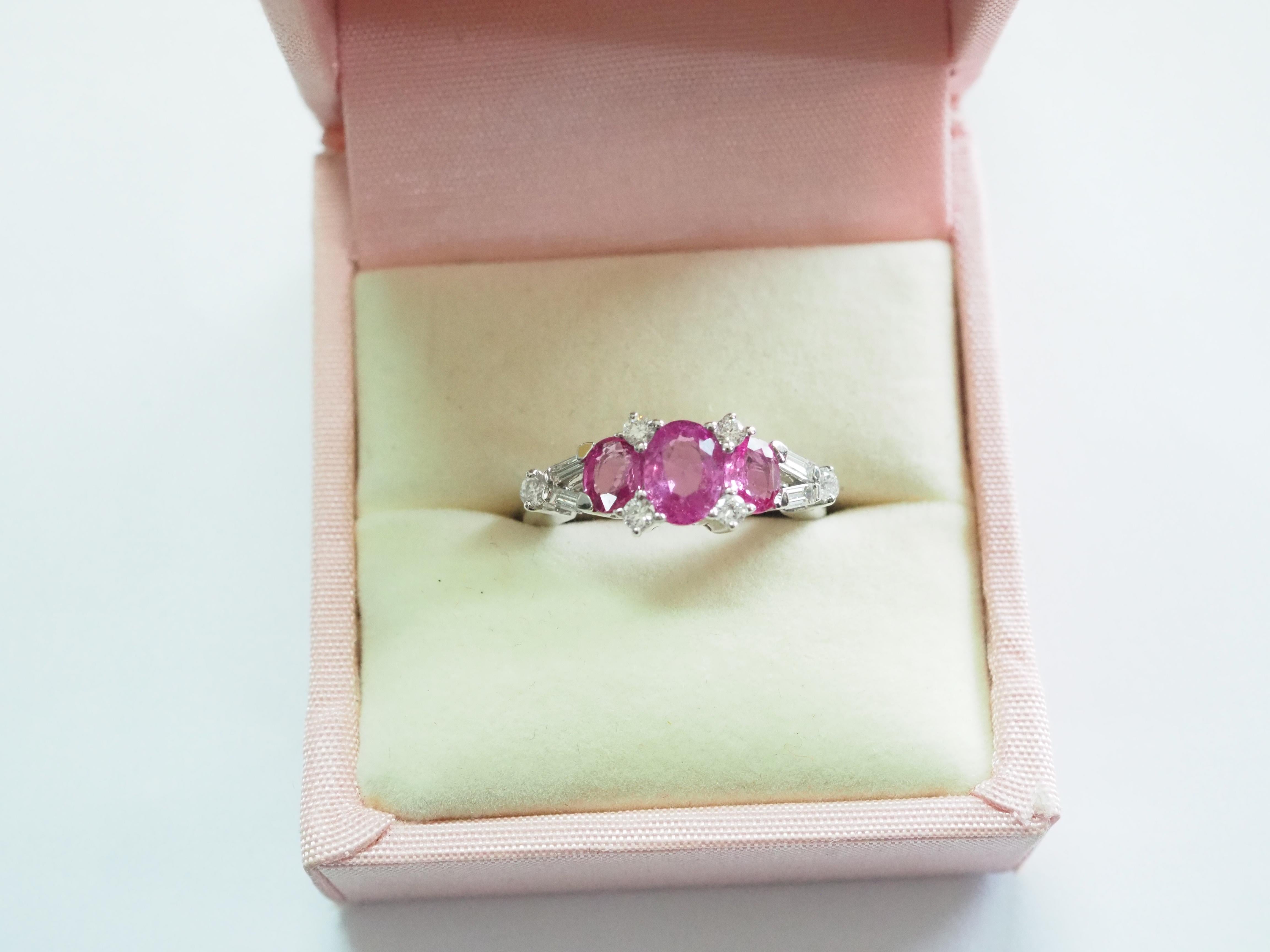 Women's 18K White Gold 1.96ct Pink Sapphire & 0.30ct Diamond Three Stone Ring