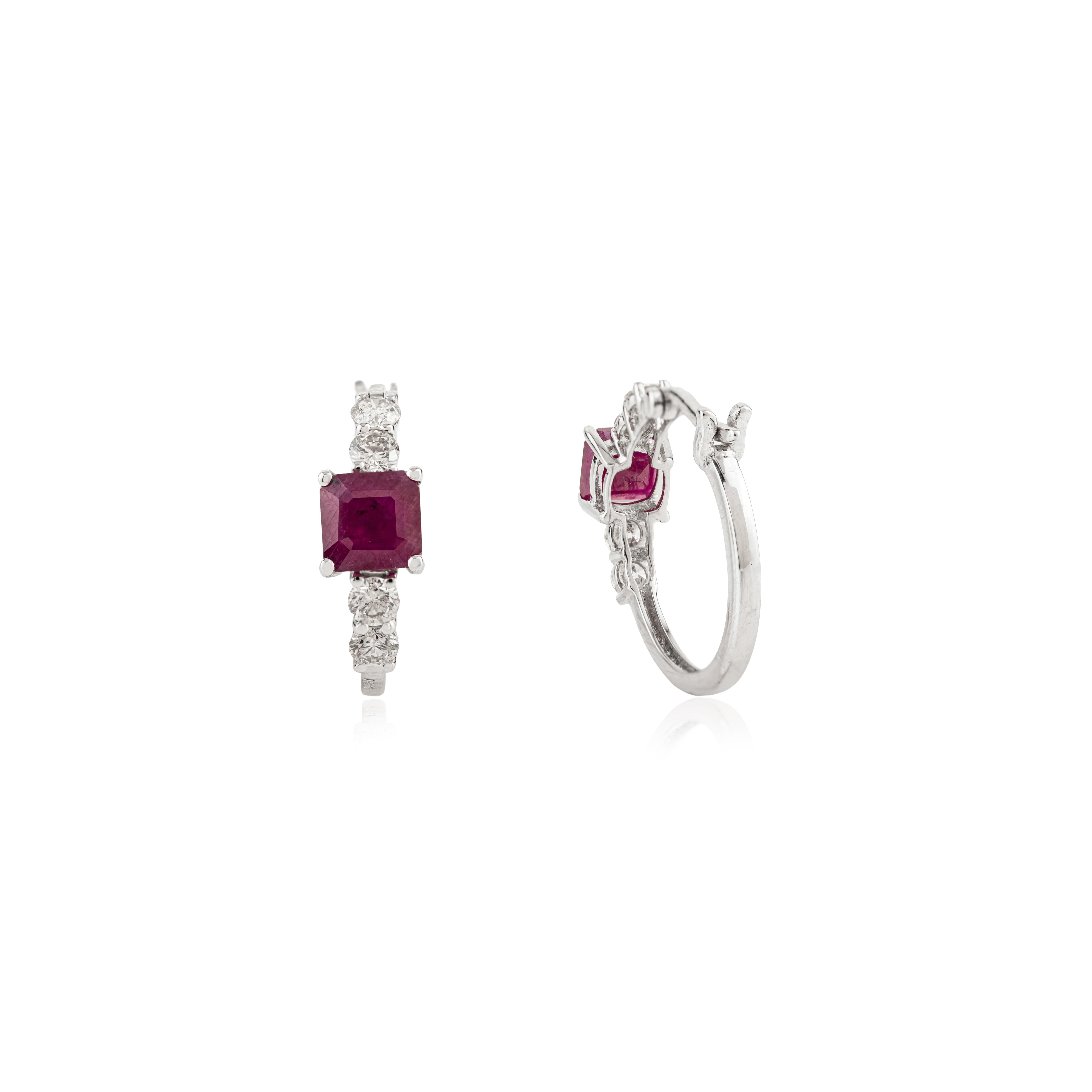 18K White Gold 1.9Ct Red Ruby
Diamond Huggie Earrings for Women Fine Jewelry