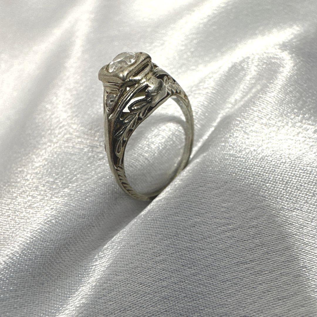 Art Deco 18K White Gold 19th Century Diamond Antique Ring in Size 5 For Sale