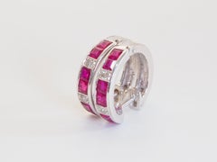 18K White Gold 1ct Squared Ruby & 0.04ct Diamond Hoop Latch Back Earrings